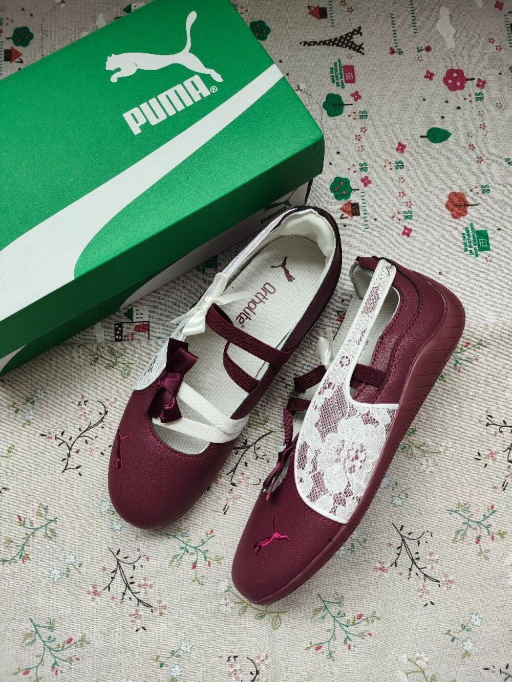 PUMA Burgundy Lace Bow Mary Jane Ballet Flats